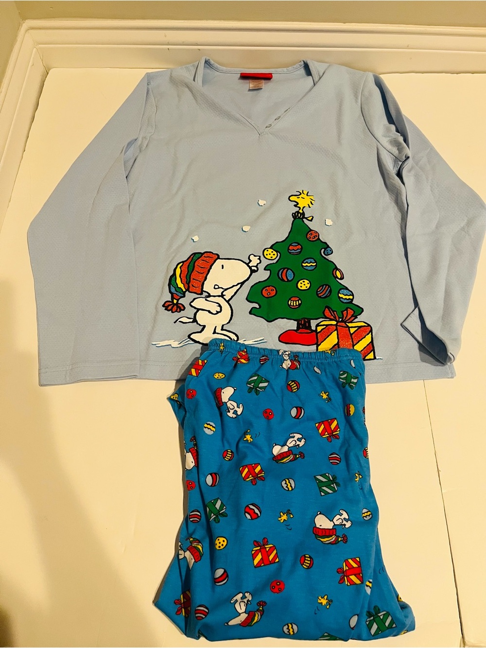Peanuts Christmas Snoopy Woodstock 2 Piece Woman's Blue Medium Pajama Pant Set